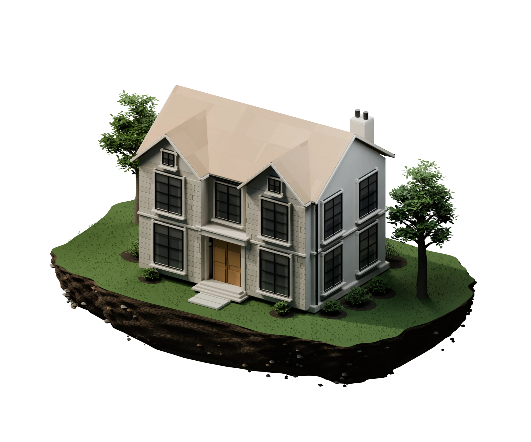 3D illustration of a floating house showing the layers of a roof.